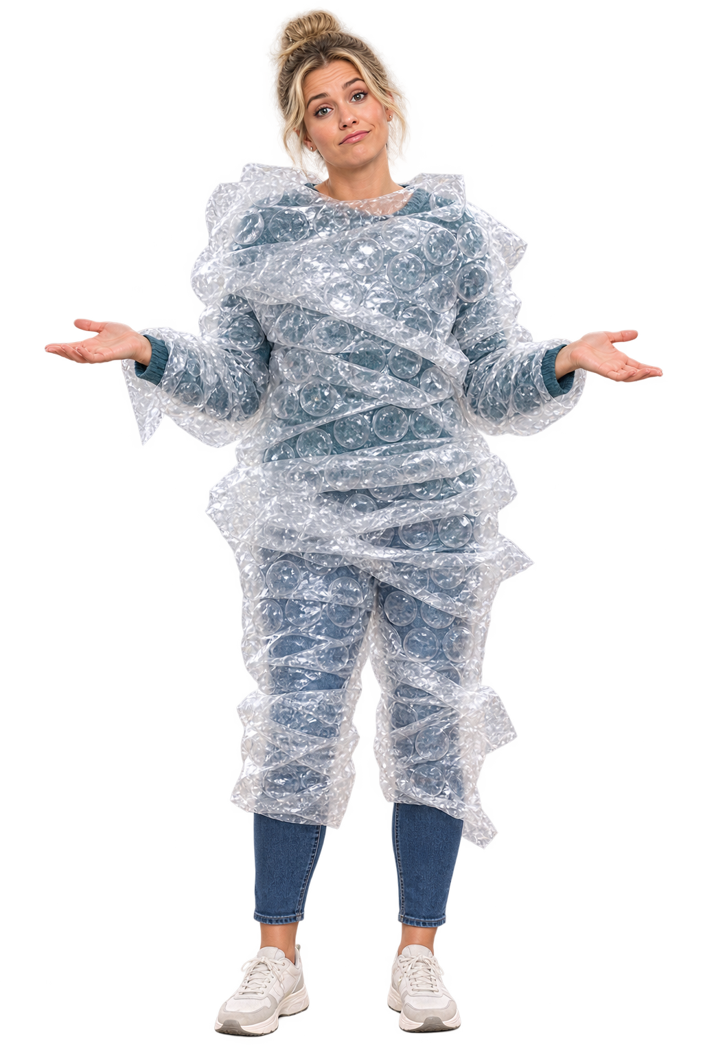 En lettere oppgitt person pakket grundig inn i bobleplast